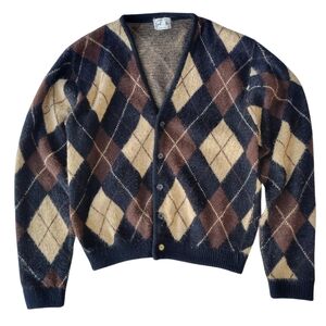 Vintage 60s Argyle Knit Cardigan Adult Medium